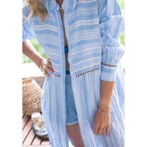 MEDIUM H&M Lemlem Blue Stripe Linen Shirtdress Blue Stripe Boho Beach Dress